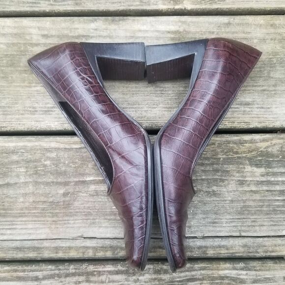 Vintage 90s y2k Brown Leather Croc Embossed Square Toe Chunky Heel Pumps 7 - Picture 7 of 14